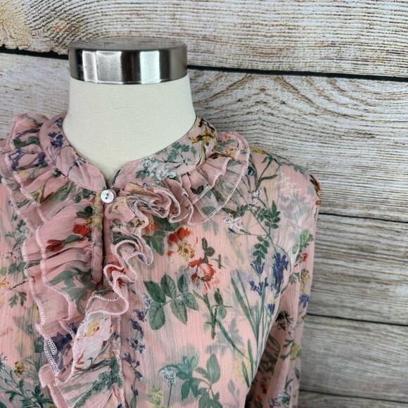 Ellen Weaver Ruffle Floral Pink Long Sleeve Blouse Top Size Large - Picture 2 of 7